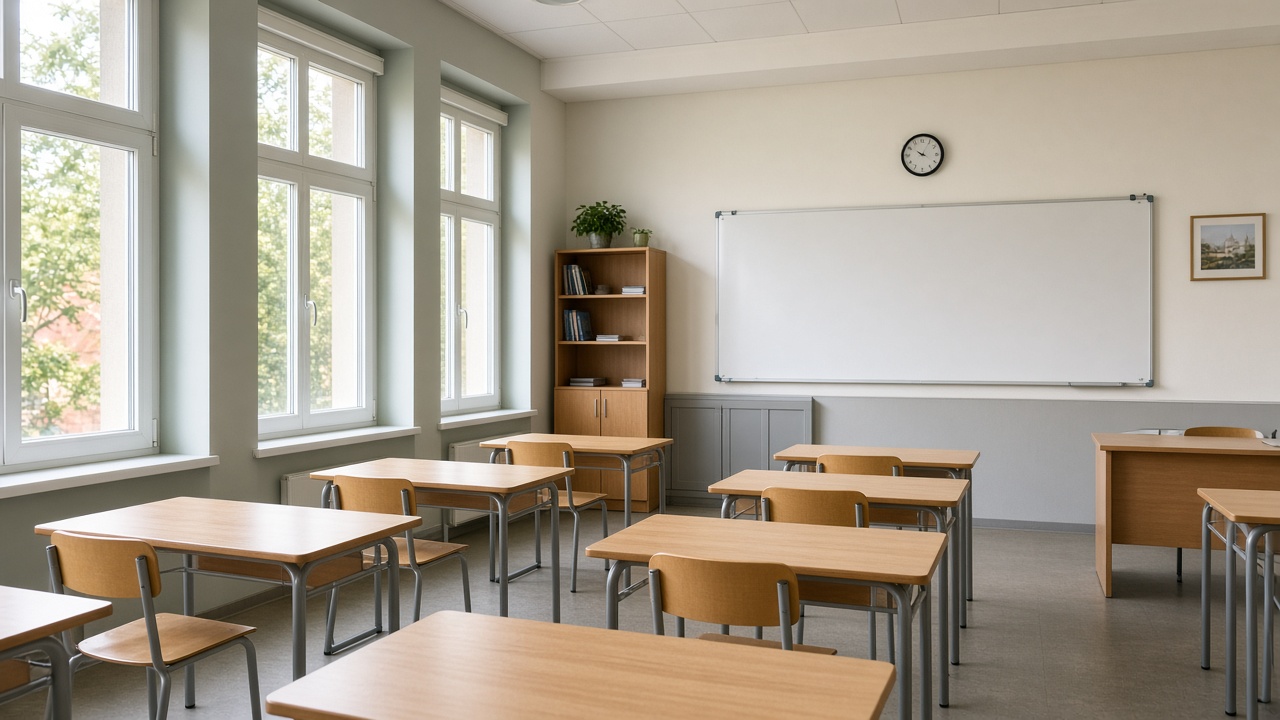 An empty classroom with desks and a whiteboard