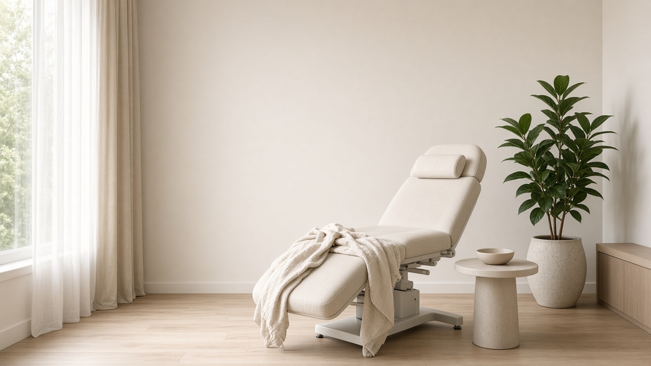 A bright treatment room with a chair and a plant