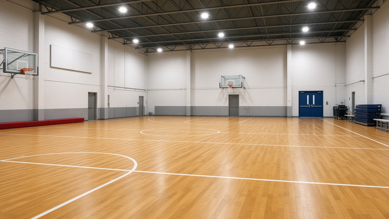 An empty sports hall with a wooden floor