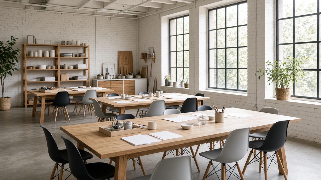 A bright studio with long tables and chairs